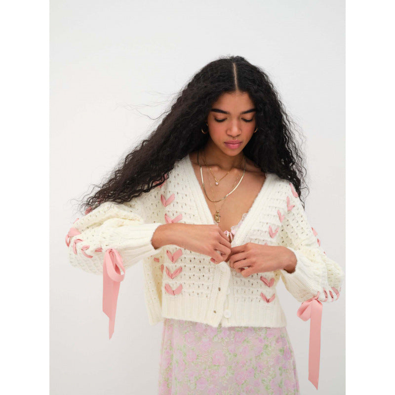 Autumn Winter V-Neck Lace Hollow Knitting Cardigan Top Loose Casual Sweater Jacket Women