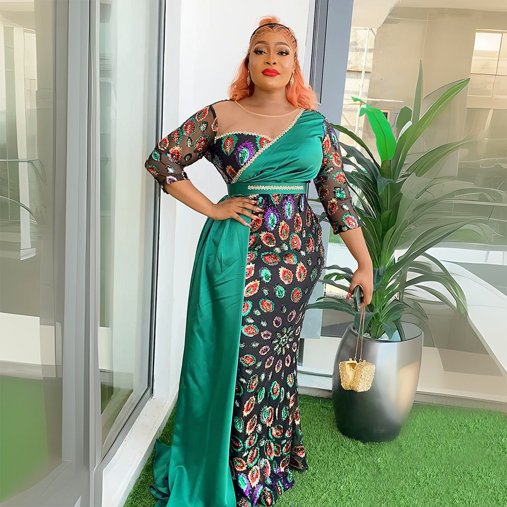 Patchwork Contrast African Women's Plus Size High Waist Sequin Long Dress 4