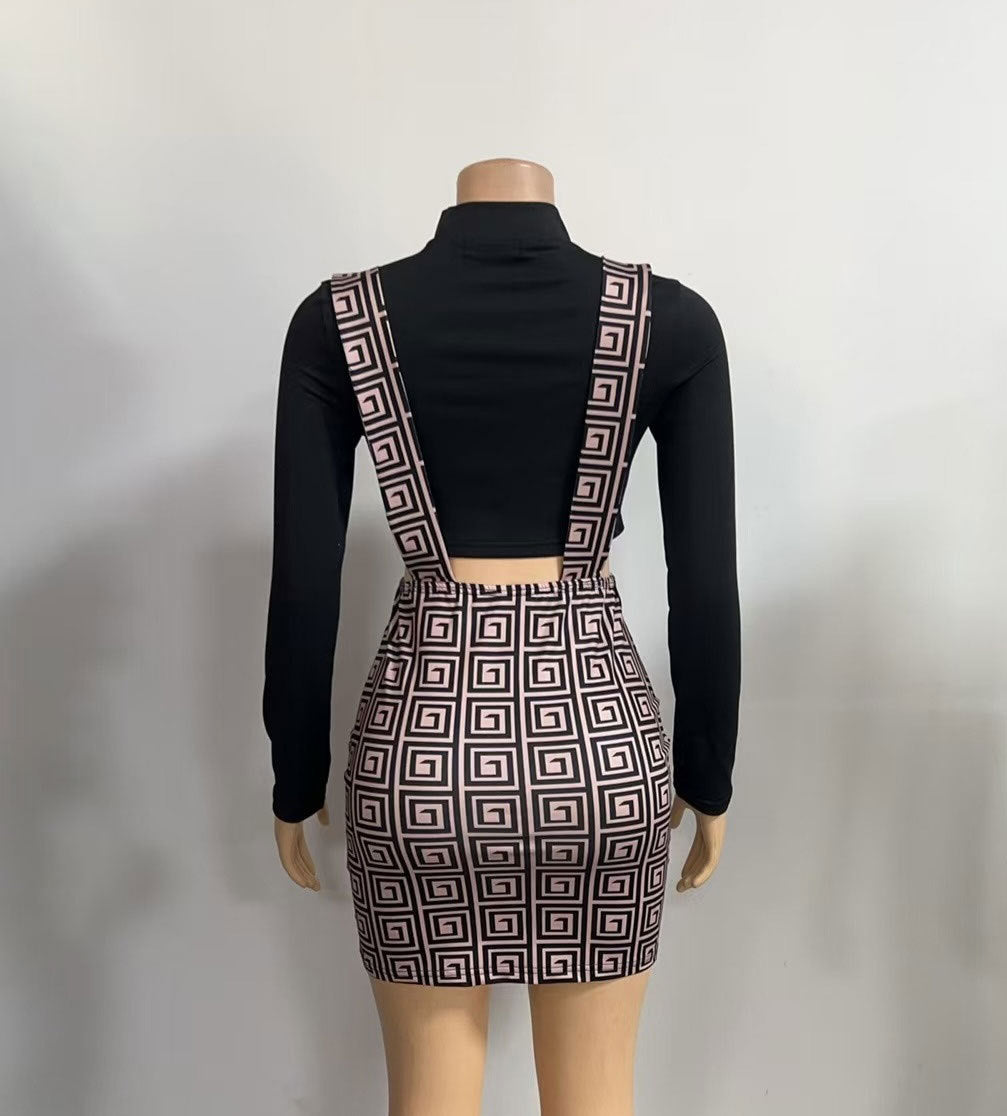 Women Half-high Neck Long Sleeve Crop Top Strap Skirt Two-piece Set