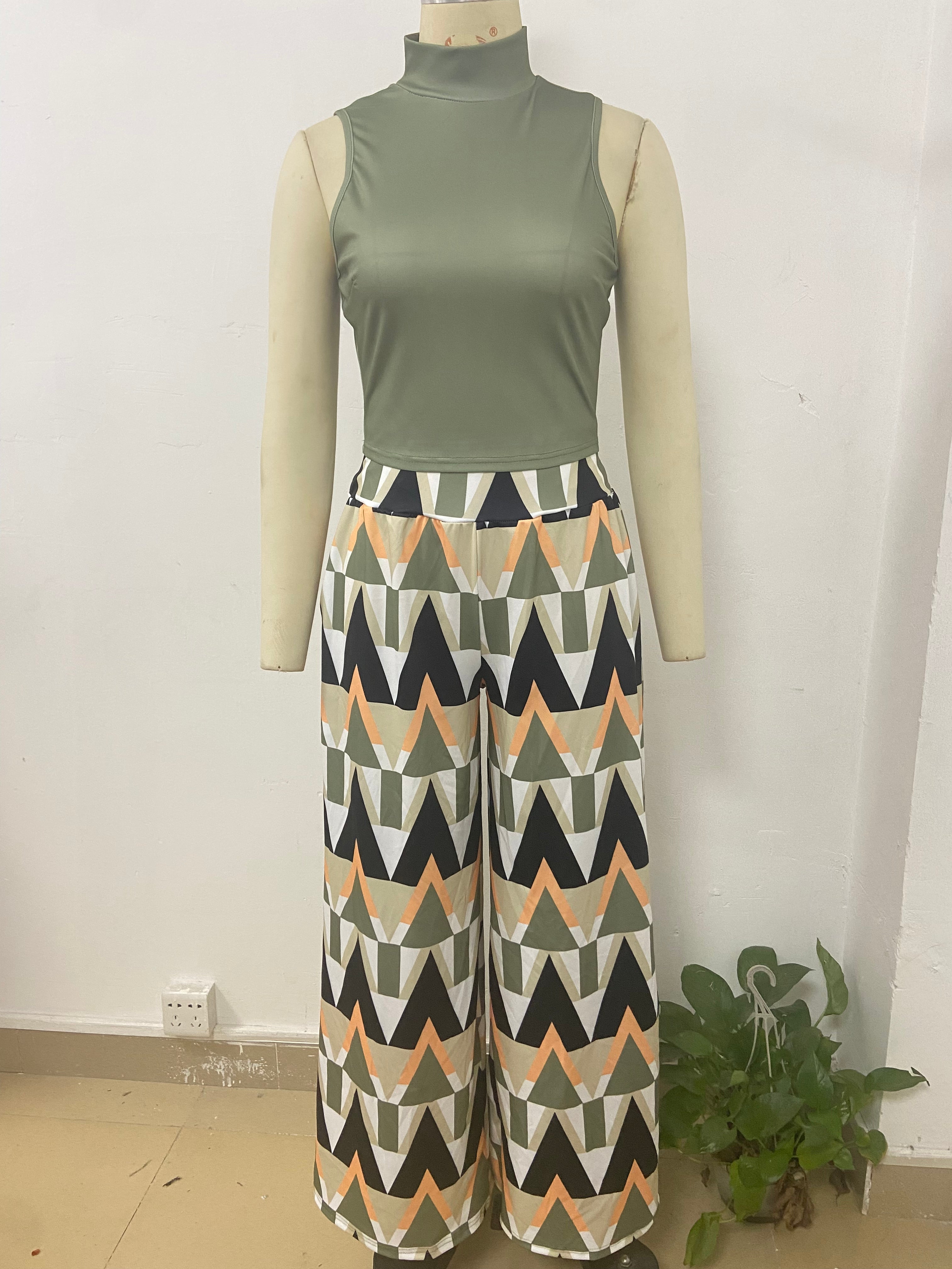 Women's Chic Career Sleeveless Print Tank Top Wide leg pants Fashion two piece Set 21