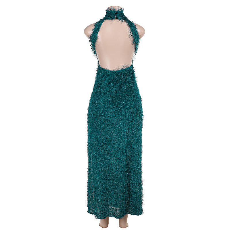 Halter Neck Fur Texture Women Sexy Slim Split Low Back Dress 4