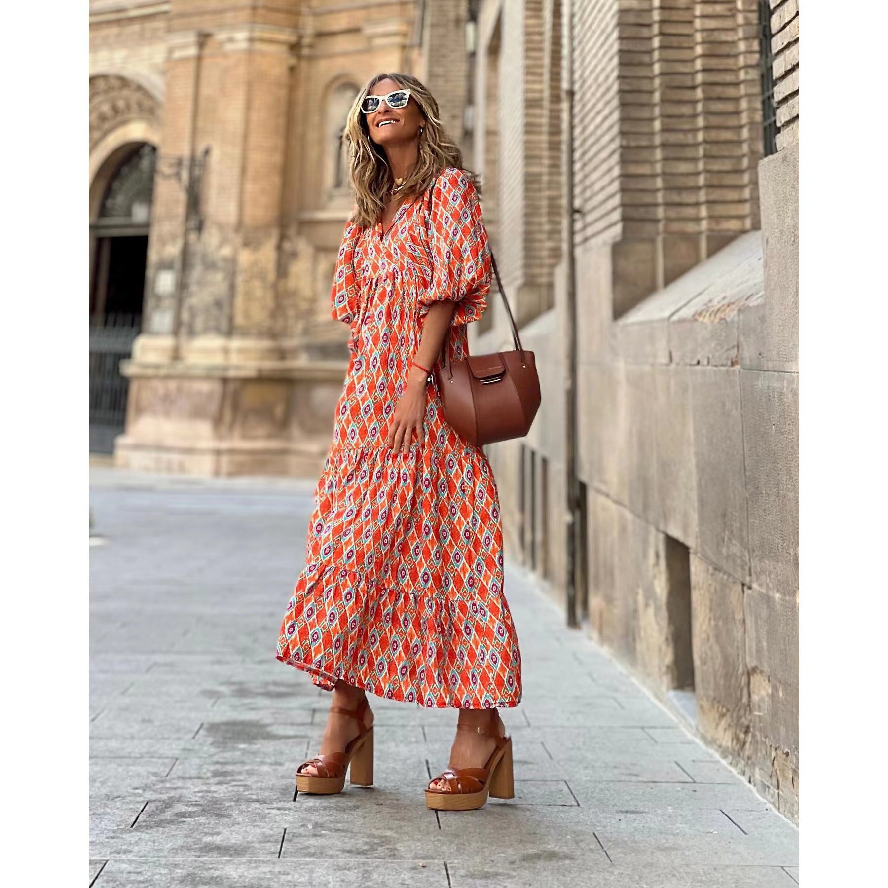 Women Summer Geometric Patch Puff Sleeve Dress