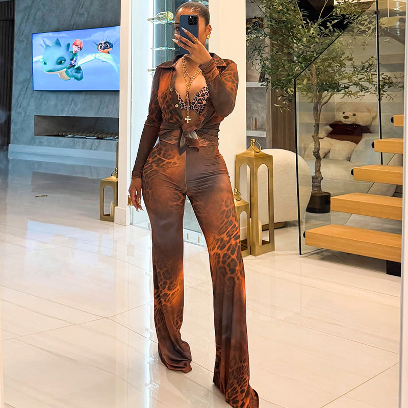 Women Autumn/Winter Leopard Print Mesh Turndown Collar Button Top and Bell Bottom Two-Piece Set