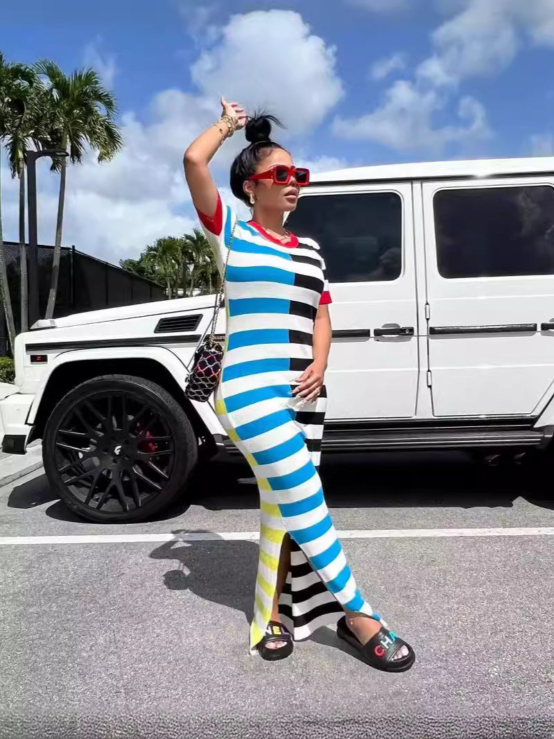 Women Round Neck Short Sleeve Slit Patchwork Striped Dress 4