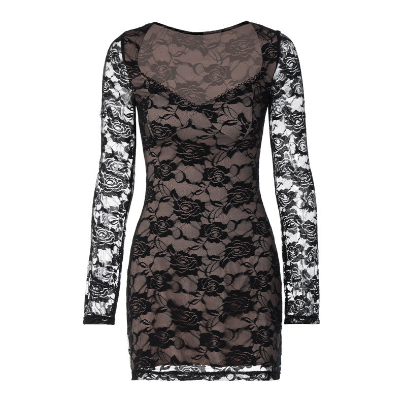 Women's Autumn American Fashion Lace Printed U-Neck Long Sleeve Bodycon Dress 6