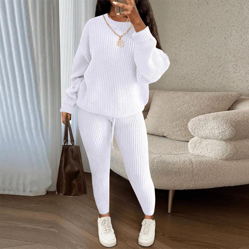 Fashion Casual Knitting Two Piece Pants Set Solid Long Sleeve Loose Sweater Trouser Suits Women's Clothing 8