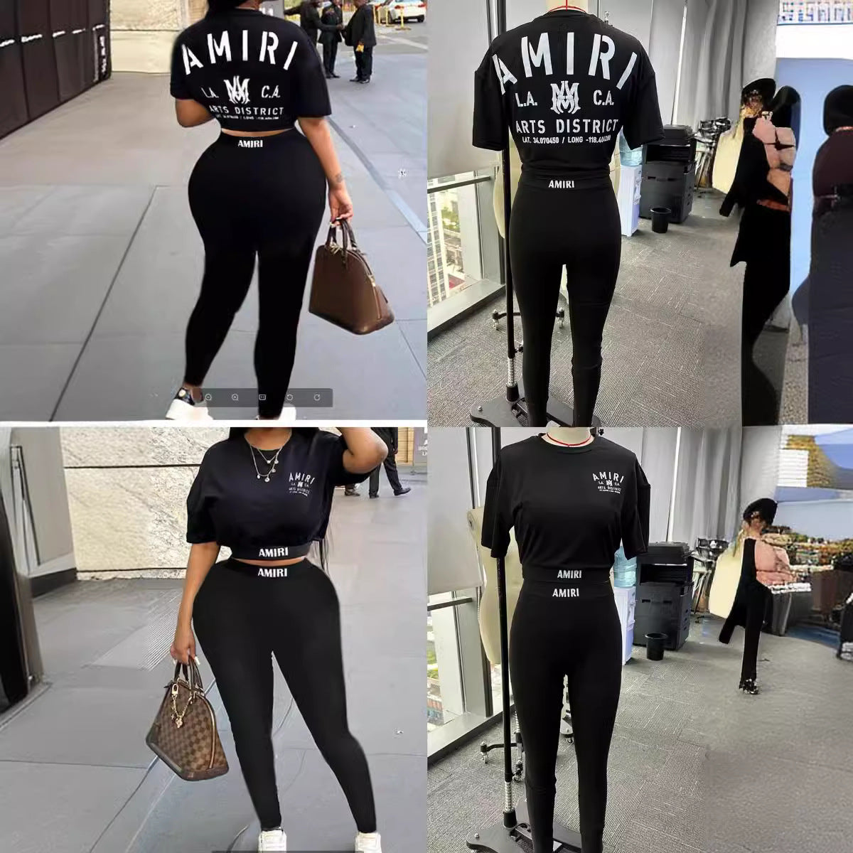 Fashion Women's Letter Printed Short Sleeve T-Shirt Slim Pants Two-Piece Set 4