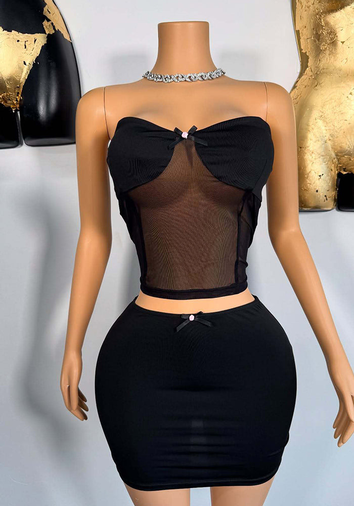 Women See-Through Sexy Patchwork Wrap Top and Skirt Two Piece Set