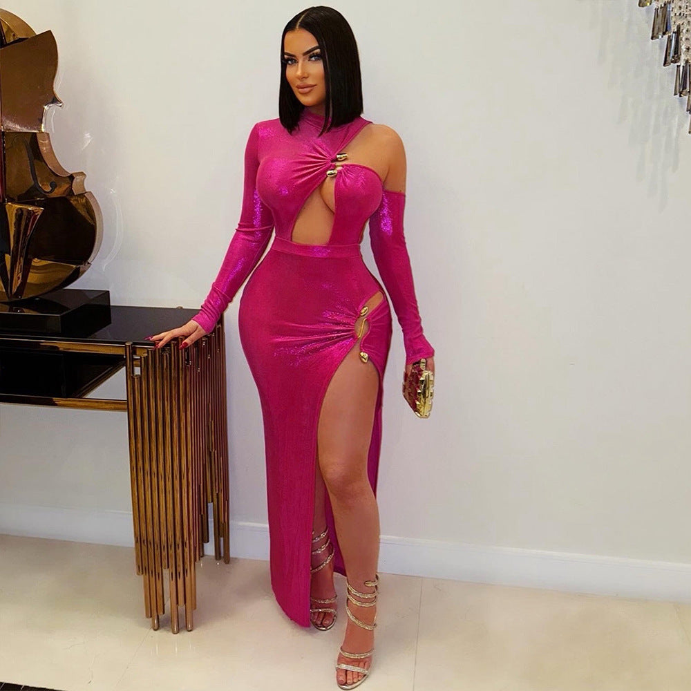 Women irregular hollow metal button sexy slit dress 6