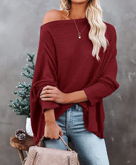 Women knitting waffle Slash Shoulder Top 13