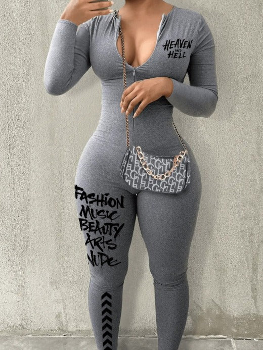 Fashionable Women 's Printed Zipper Long Sleeves Jumpsuit 3