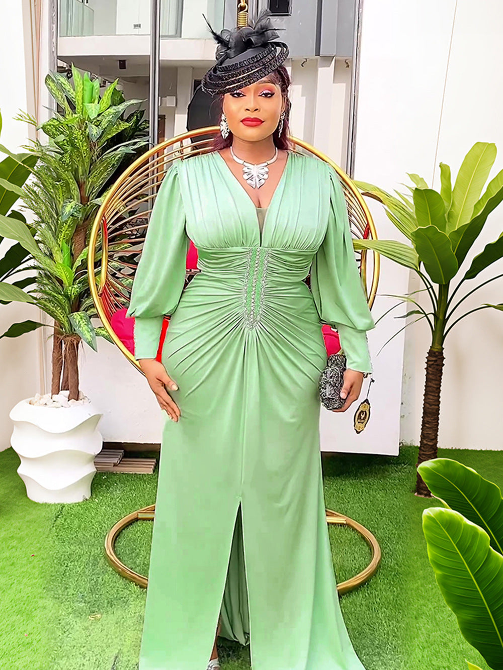 Elegant Solid Color Long Sleeve High Waist Formal Party Plus Size Dress Dubai Winter African Women's Clothing 8