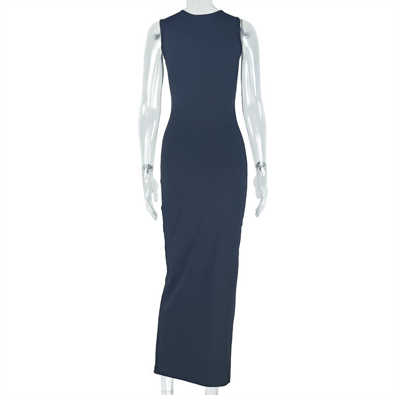 Women Elegant Solid Metal Pleated Bodycon Halter Asymmetric Neck Maxi Dress 9