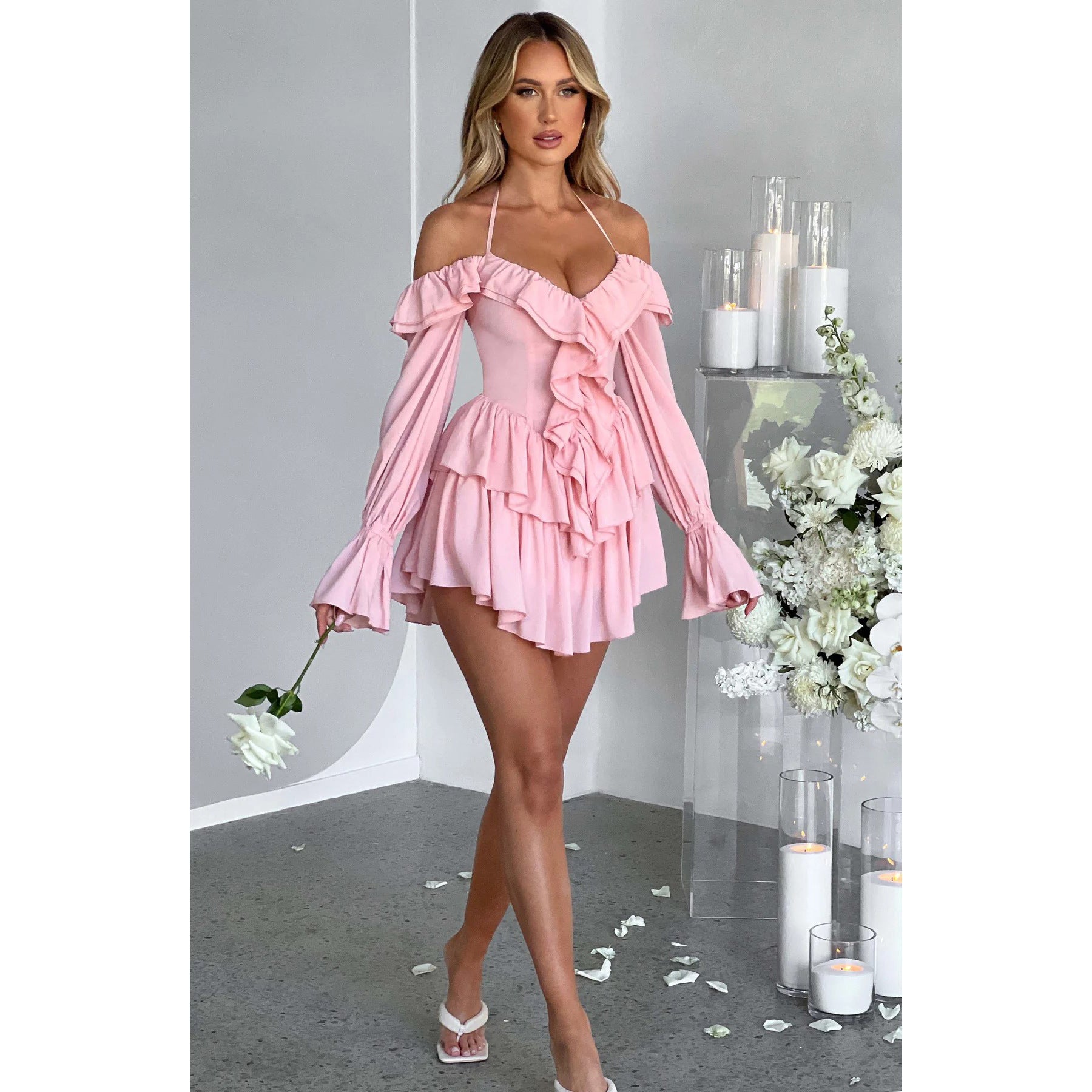 Pleated Ruffle Bell Bottom Sleeve Halter Neck Women's Dress 6