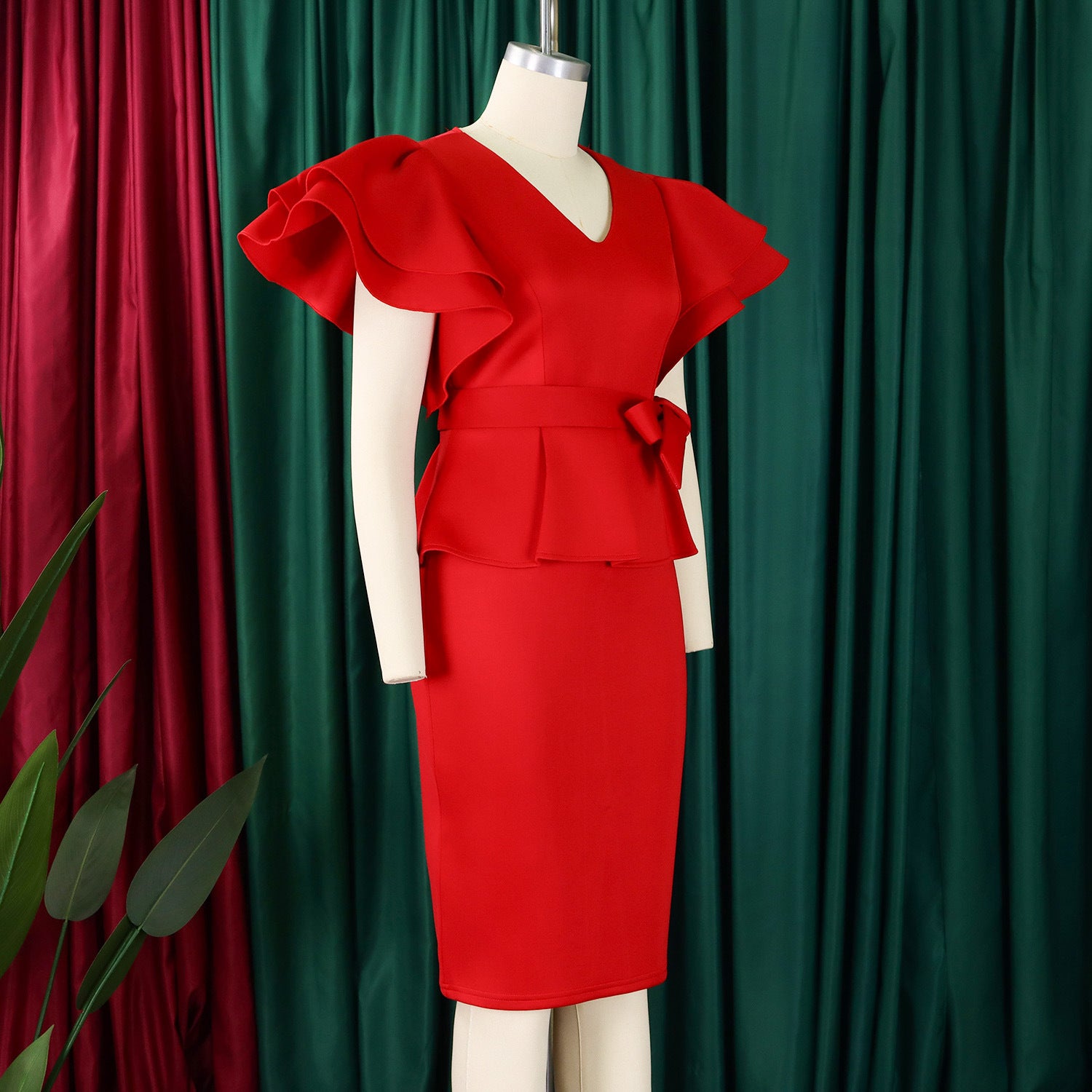 Women elegant ruffled solid bodycon formal party dress 18