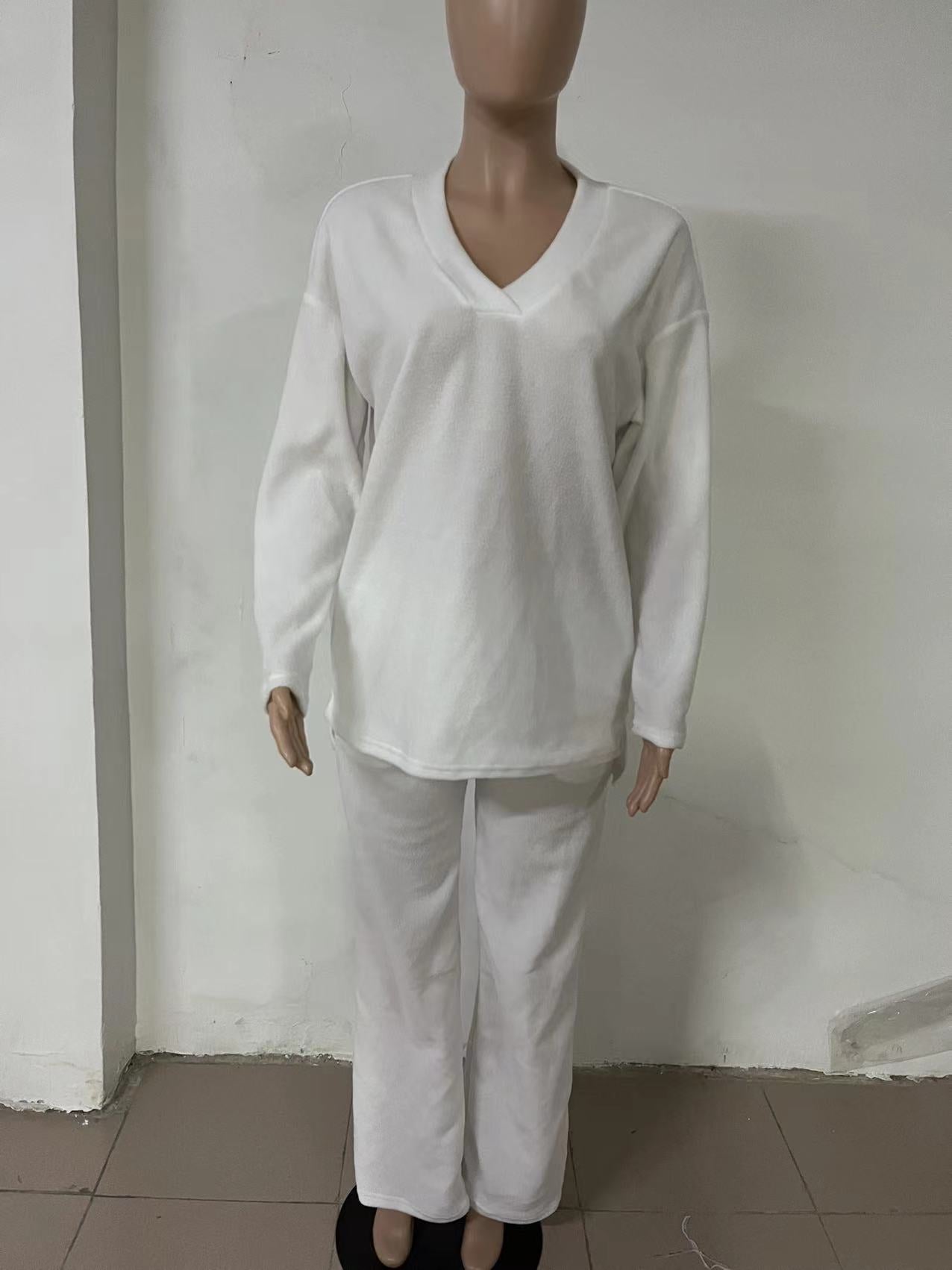 Winter Comfortable Solid Color V-Neck Casual Homewear Warm Two-Piece Pants Set 12