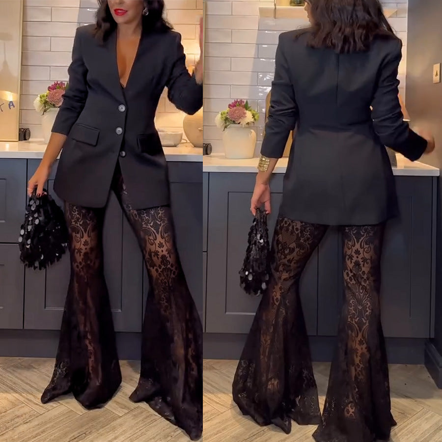Spring And Autumn Fashion Long-Sleeved Blazer Casual Loose Lace Trousers Two-Piece Suits