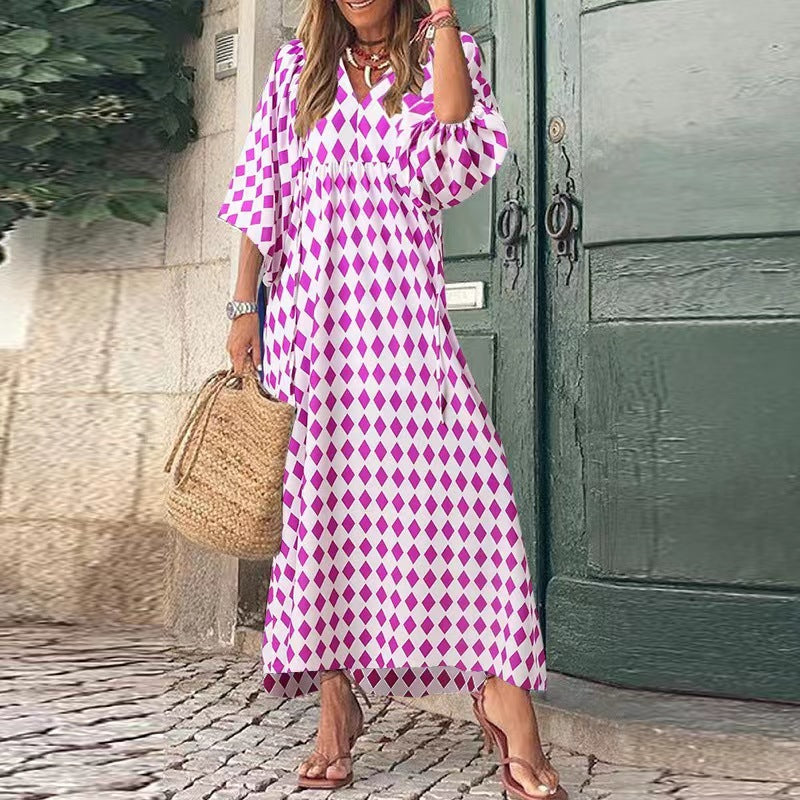 Women Summer Geometric Patch Puff Sleeve Dress 20