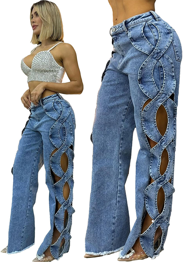 Spring/Summer Women's Side Cutout Denim Patchwork Trousers