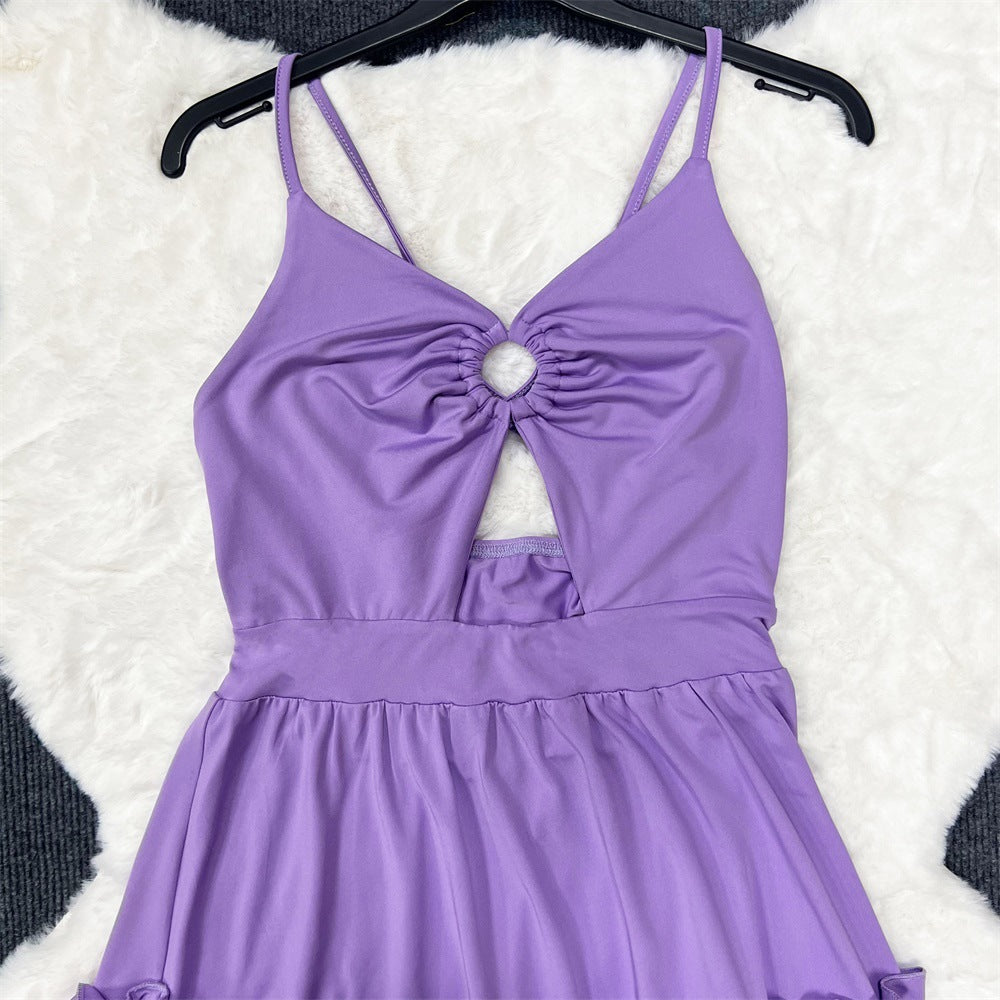 Low Back Halter Chic Ruffle Edge Sexy Slim Straps Women's Dress 17