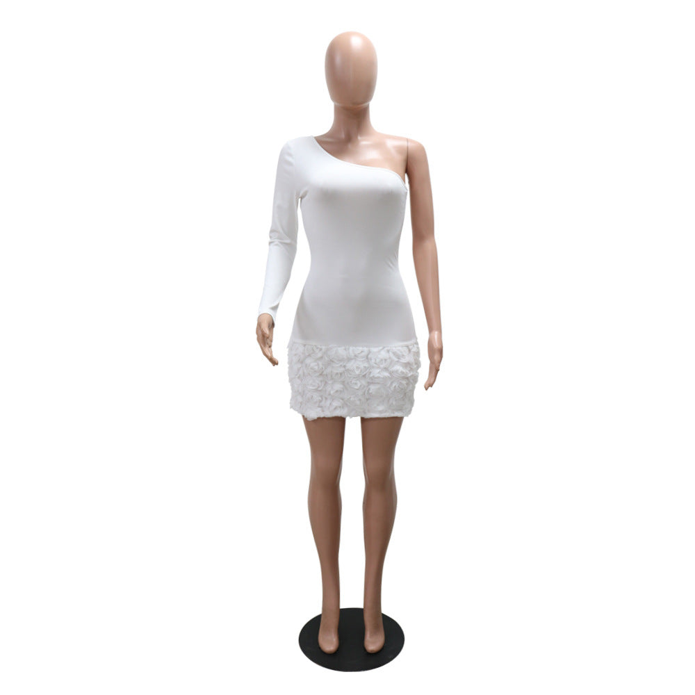 Women Single-Sleeve Ribbed Flower Bodycon Dress 10