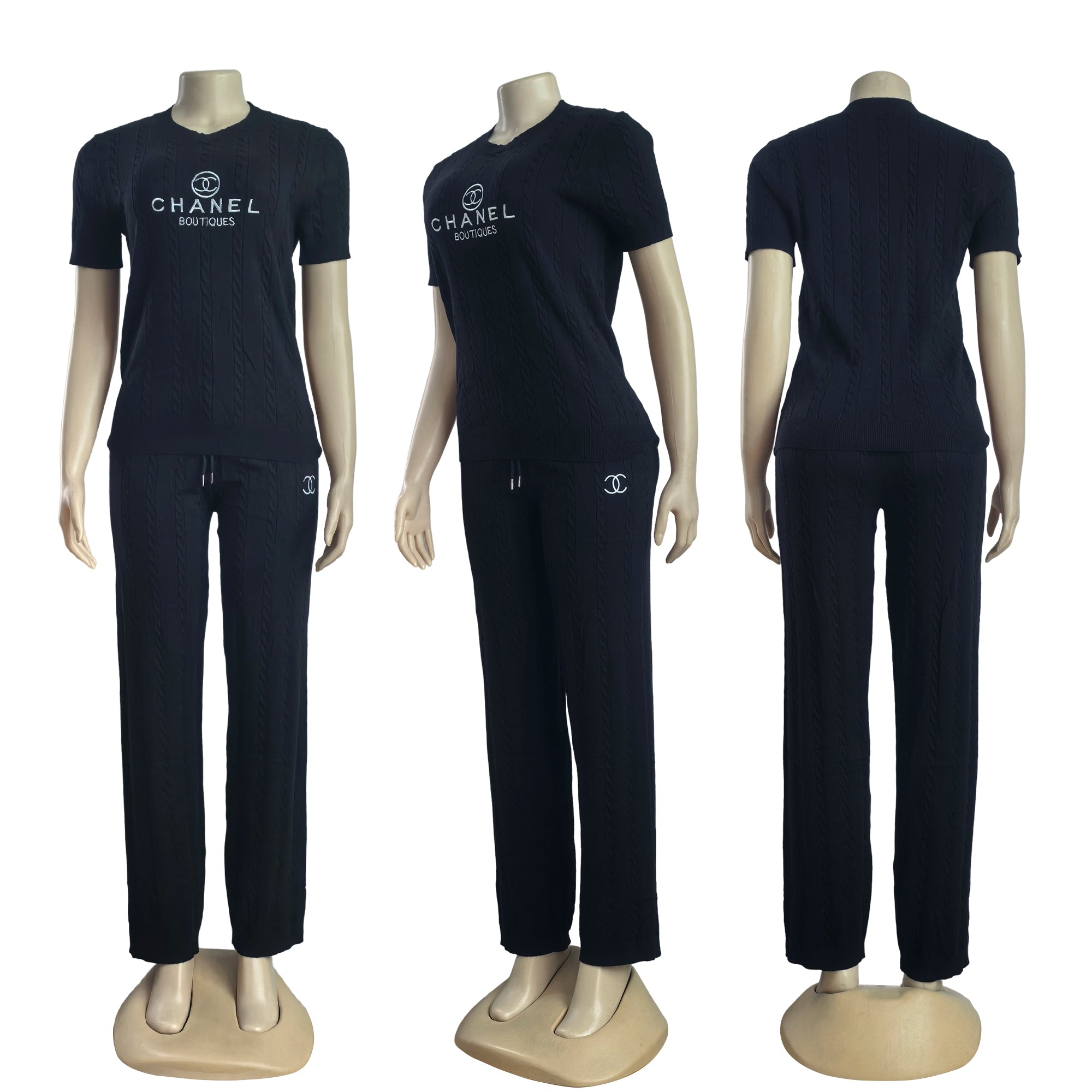 Women Knitting sweater autumn casual short-sleeved sweater top and long pants knitting two-piece set 6