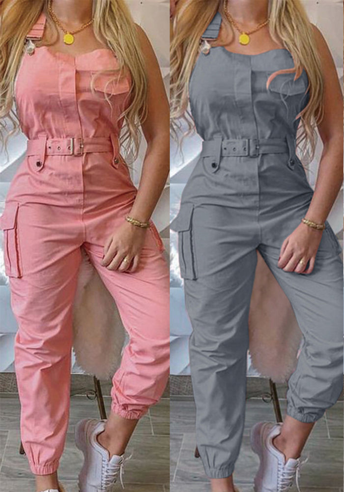 Women's Belt Sleeveless Overalls Cargo Jumpsuit