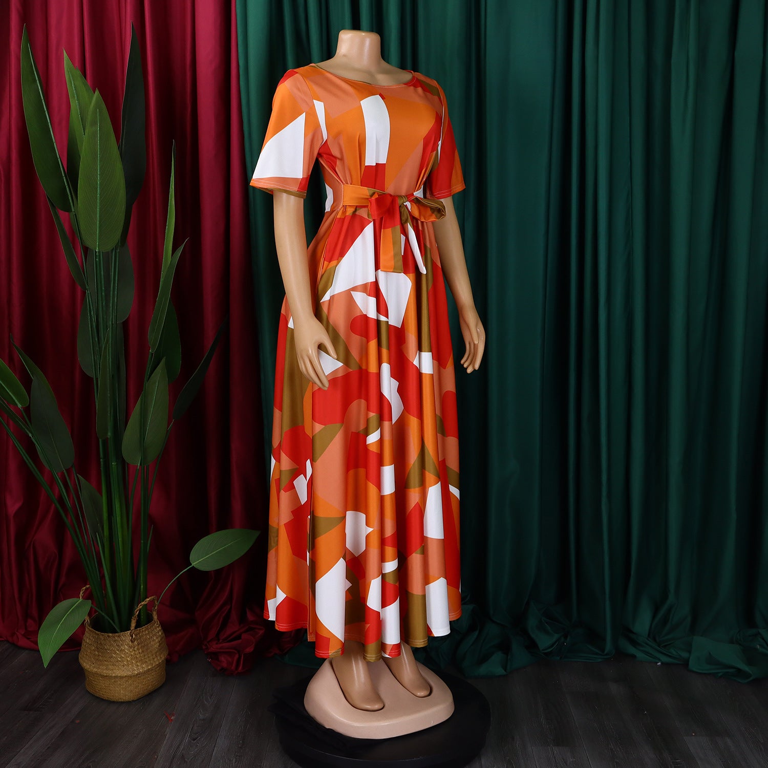 Women's Fashion Chic Tie-Waist African Plus Size Short Sleeve A-Line Dress 38