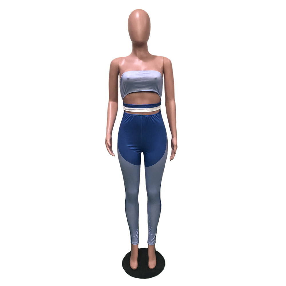 Women's Sexy Print Lace-Up Hollow Waist Strapless Jumpsuit 9