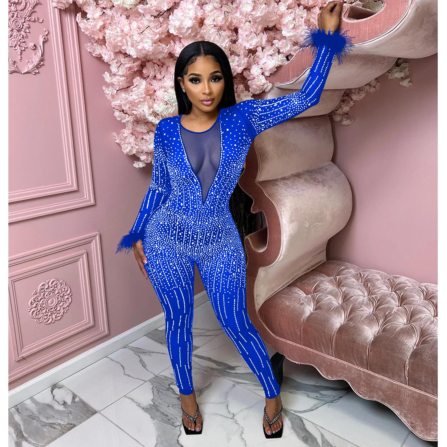 Fashion Women's Mesh Beaded V-Neck Long Sleeve Feather Long Library Jumpsuit 3