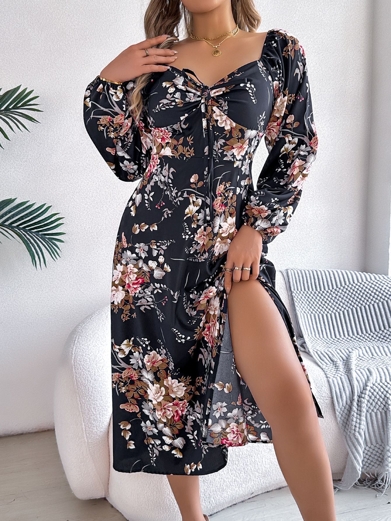 Women Spring and Summer Sexy Tie Knot Flower Long Sleeve Slit Dress 9
