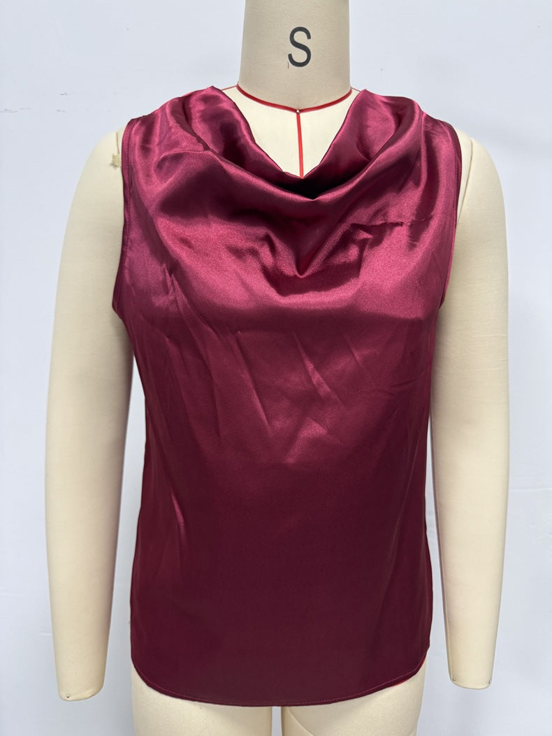 Women Spring and Summer Draped Pleated Sleeveless Satin Top 6