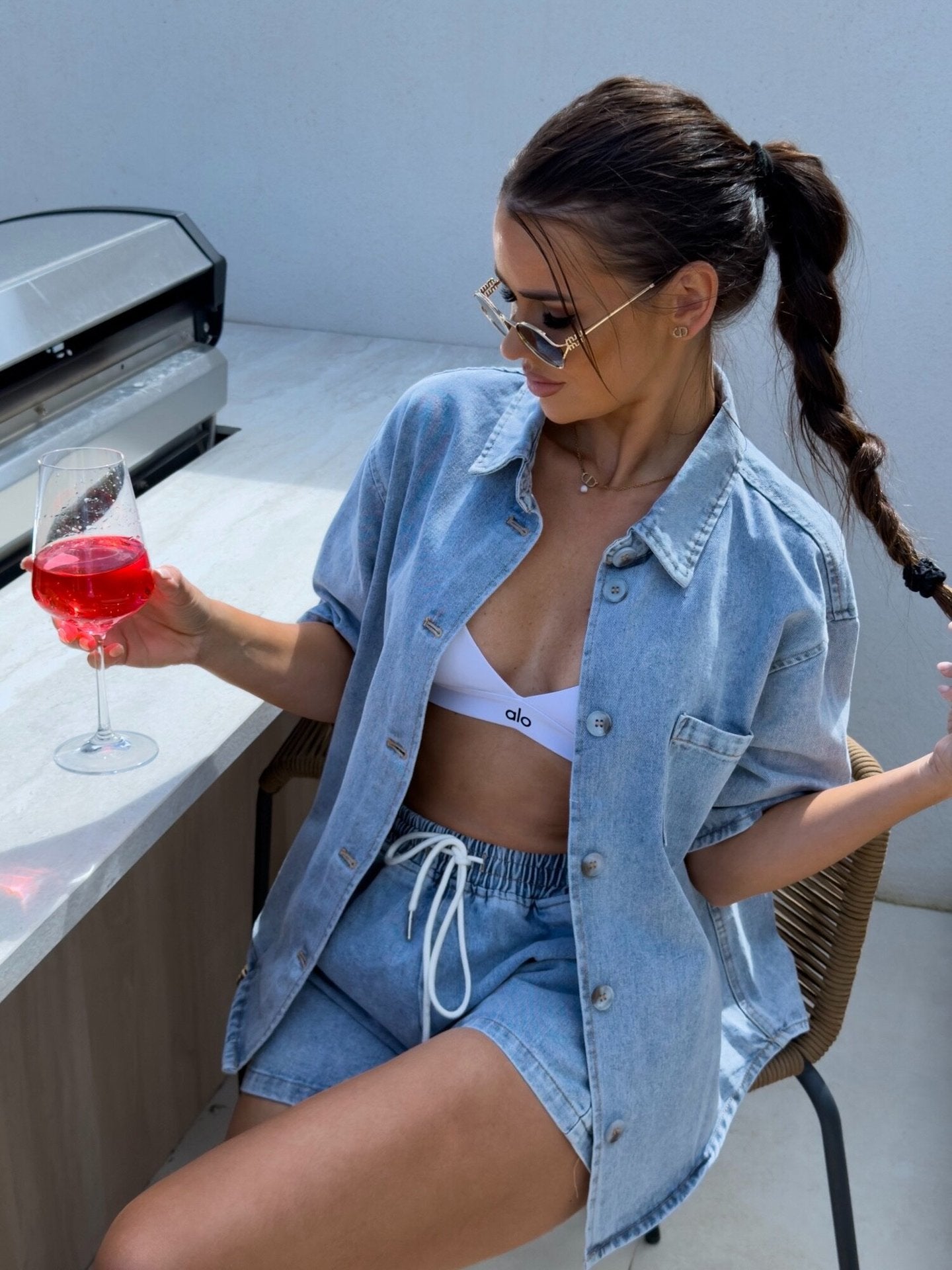 Women Summer Casual Short Sleeve Shirt and Denim Shorts Two Piece Set 3