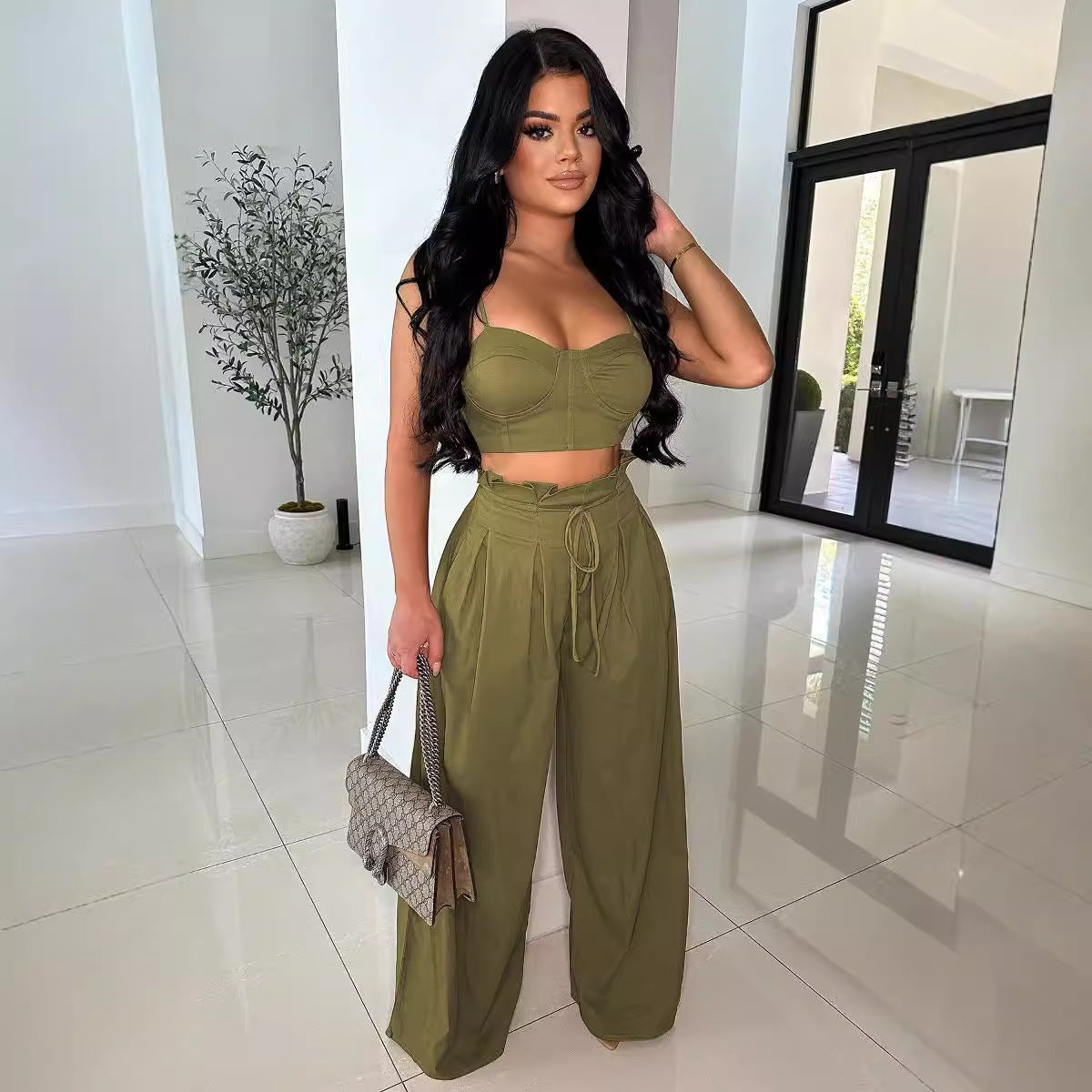 Women Plunging tank top Solid Lace-Up wide-leg pants two-piece set 6