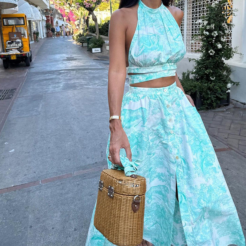 Women's Holidays Style Printed Halter Backless Top Slit Long Skirt Two-Piece Set 5