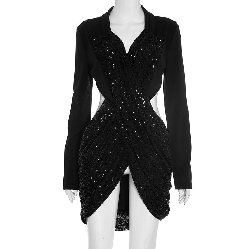Women Fall Solid Sequined Long-Sleeved Elegant Patchwork Dress 4