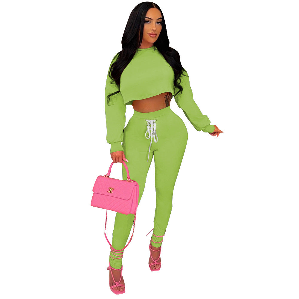 Women Autumn/Winter Long Sleeve Top+Lace-Up Pants Solid Color Two-piece Set 27