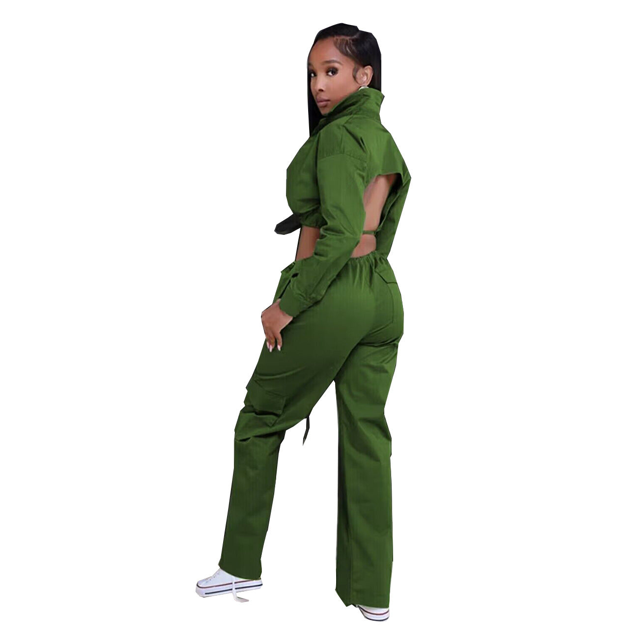 WomenCasual Backless Lace-Up Long Sleeve Top and Pocket Pants Two-Piece Set 11