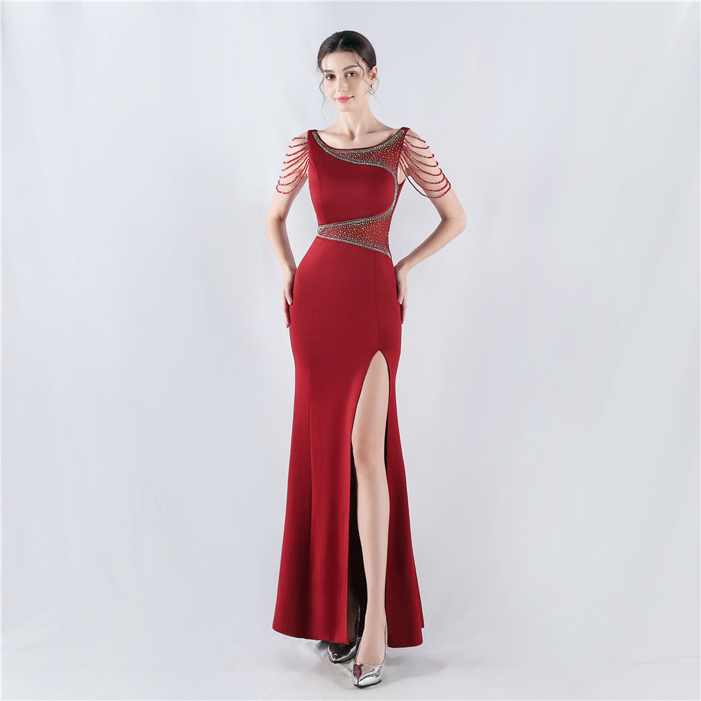 Women Beaded See-Through Mesh Split Evening Dress 6