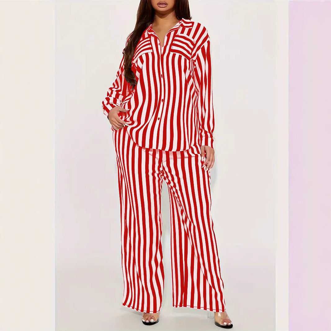 Women's Fashion Casual Long Sleeve Striped Shirt Pants Loose Two-piece Set 6