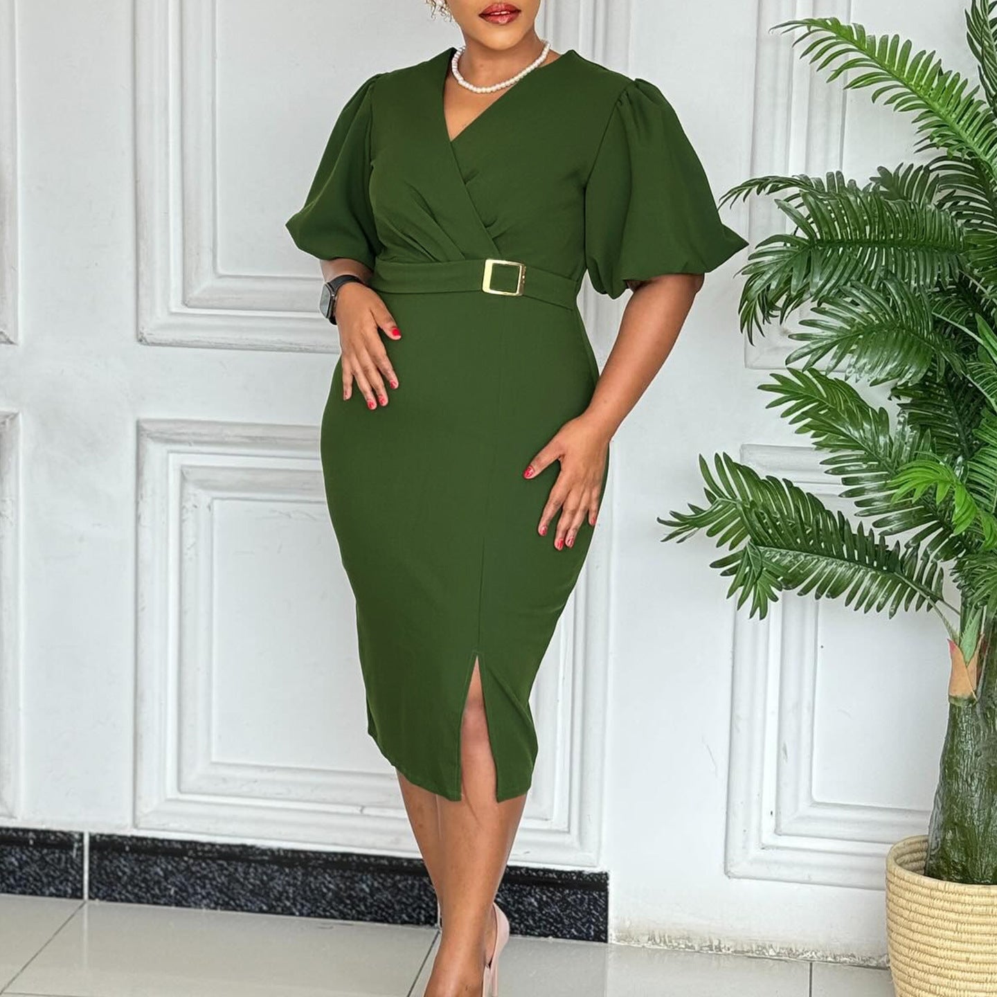 Women V Neck Puff Sleeve Solid Slit Bodycon African Dress 6