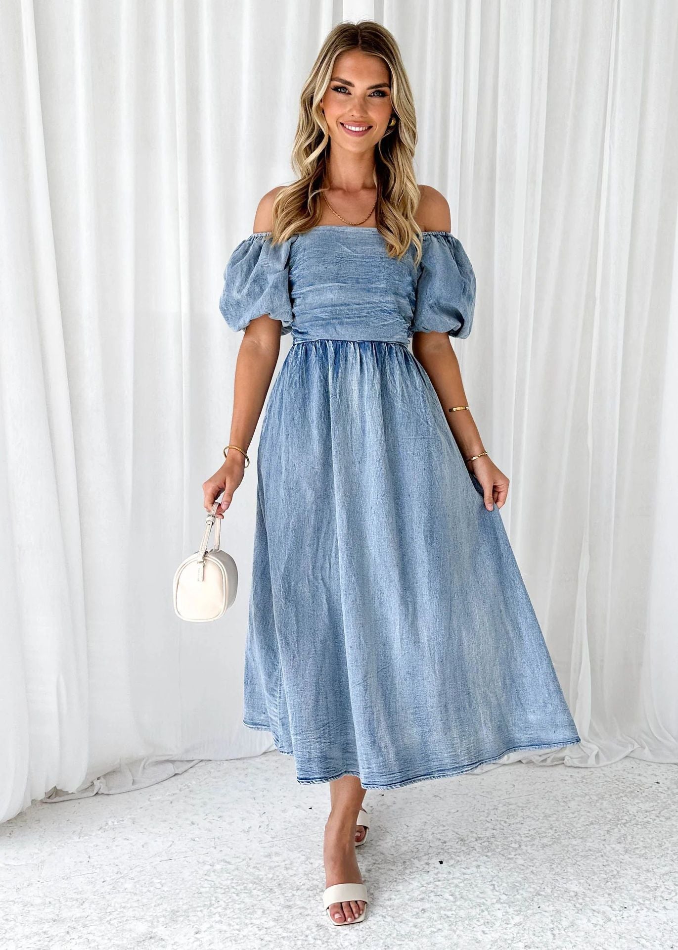 Summer Chic Elegant Puff Sleeve Slim Waist Denim Long Dress 7