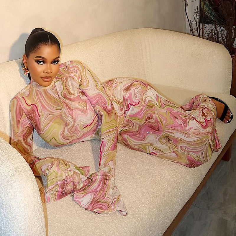 Women's Chic Print Stand Collar Long Sleeve Long Dress