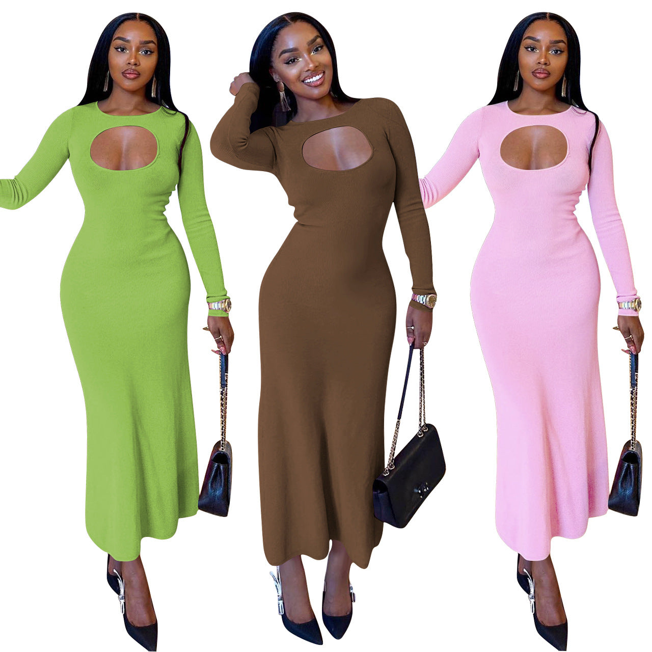 Women's Clothing Sexy Fashion Keyhole Solid Long Sleeve Dress Women's Clothing