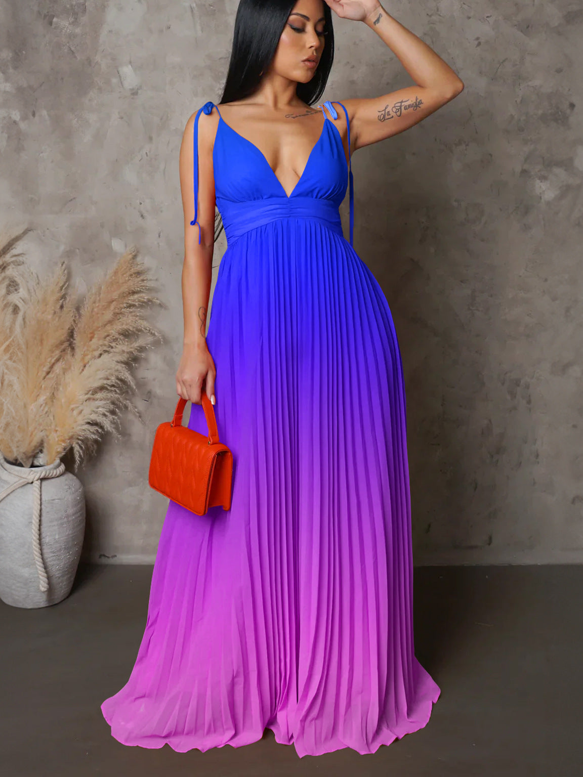 Summer Lace-Up Strap Low Back Sexy Gradient Color Long Dress 7