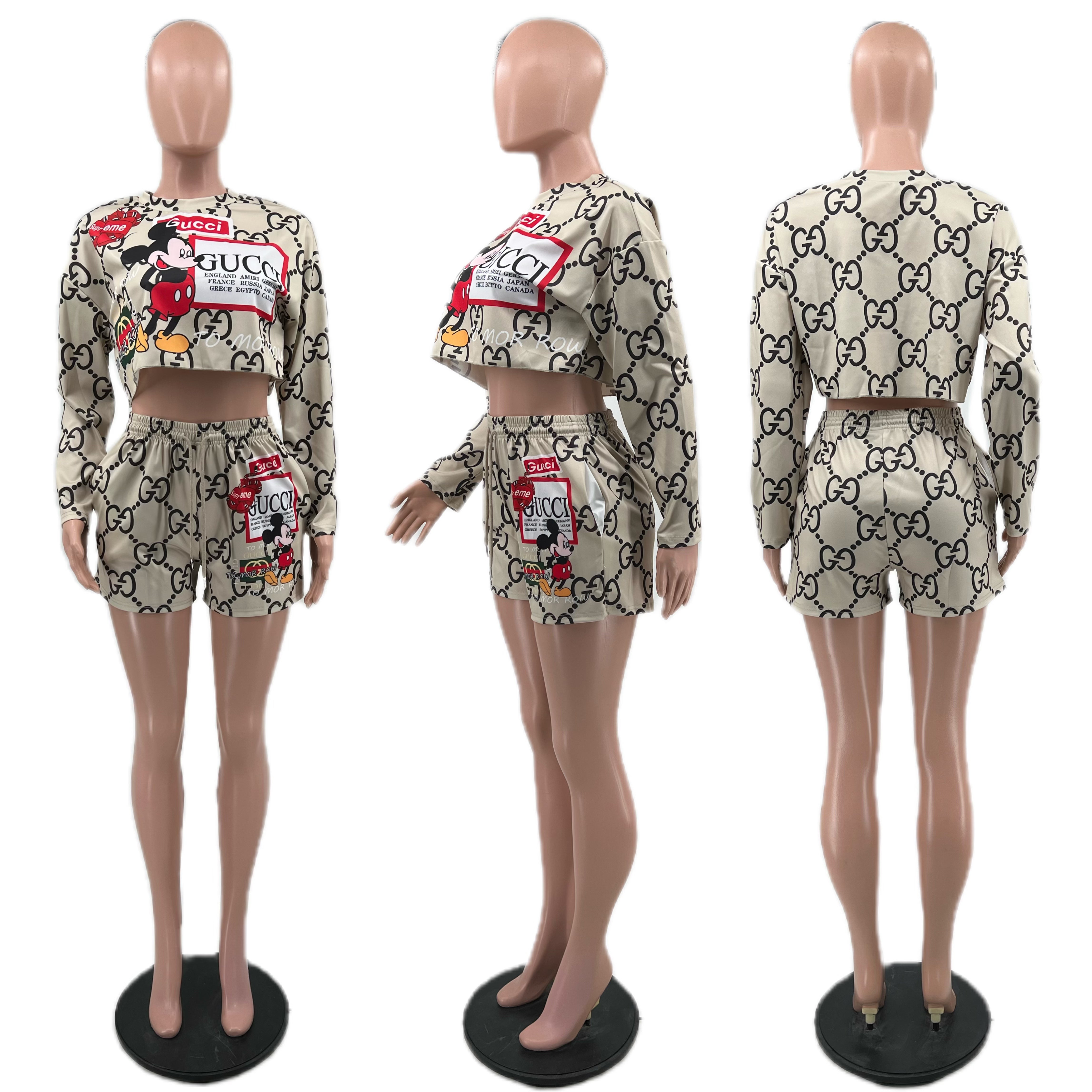 Women Cartoon Print Autumn Long-Sleeved Top and Shorts Two-Piece Set 8