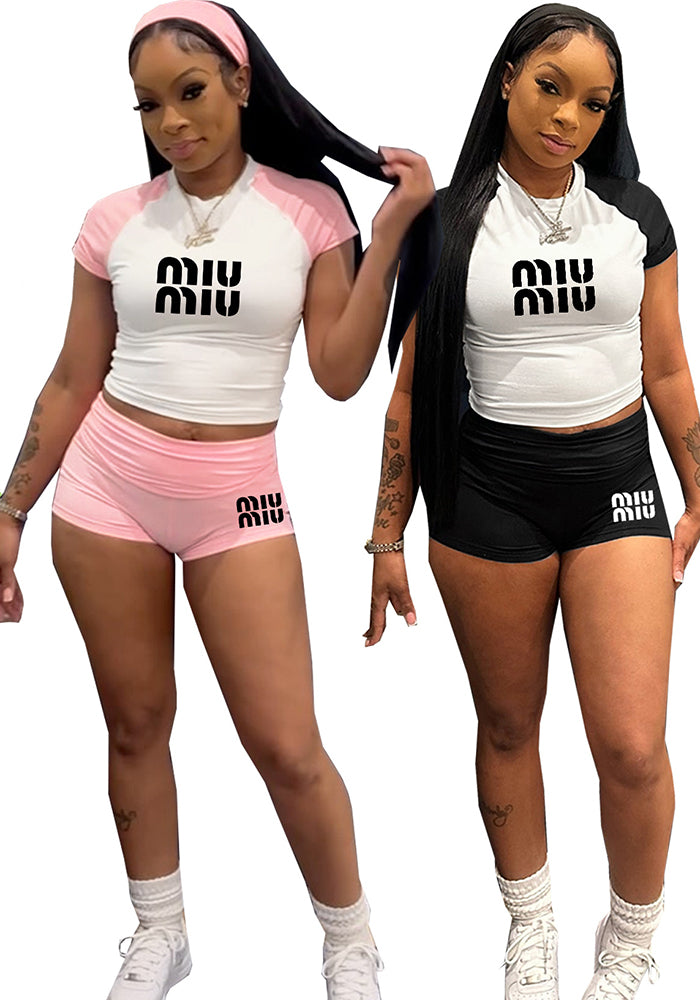 Women street raglan contrast short-sleeved top and shorts casual sports set