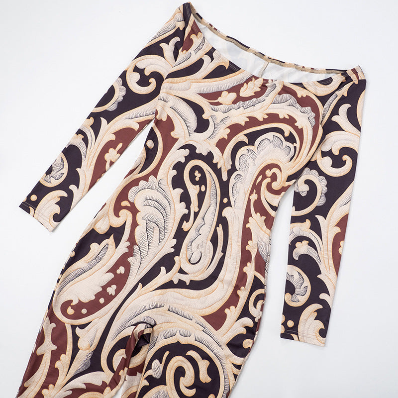 Women summer/fall multi-color print off-shoulder long-sleeved covered jumpsuit 8