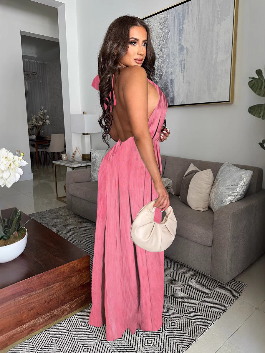 Women's Casual Halter Low Back Sleeveless Wide-Leg Jumpsuit 3