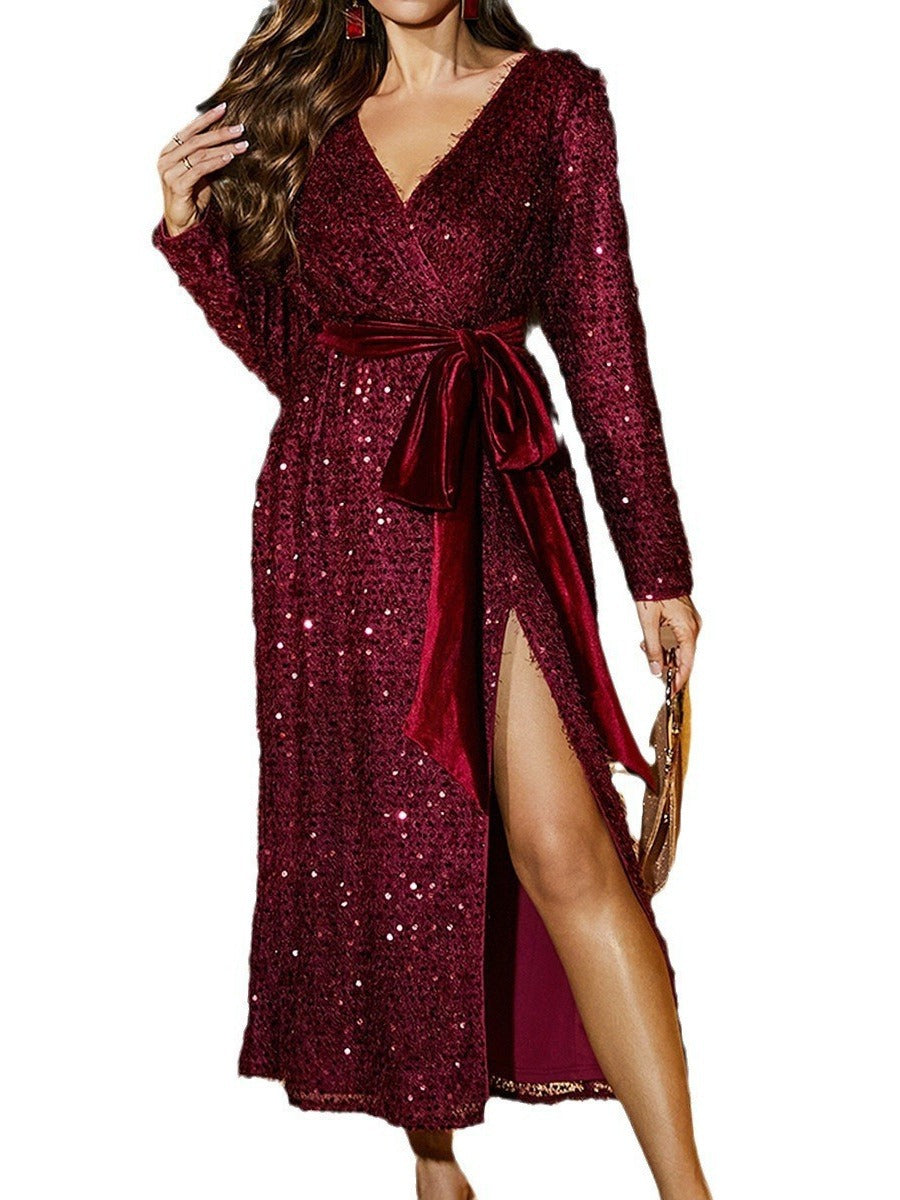 Red Sequin Loose Casual Sexy Dress Winter And Spring Chic Bow Belt Evening Dress 6